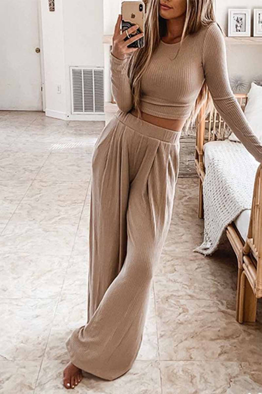 Two-Piece Round Neck Solid Color Long Sleeves Wide Legs(4 Colors)