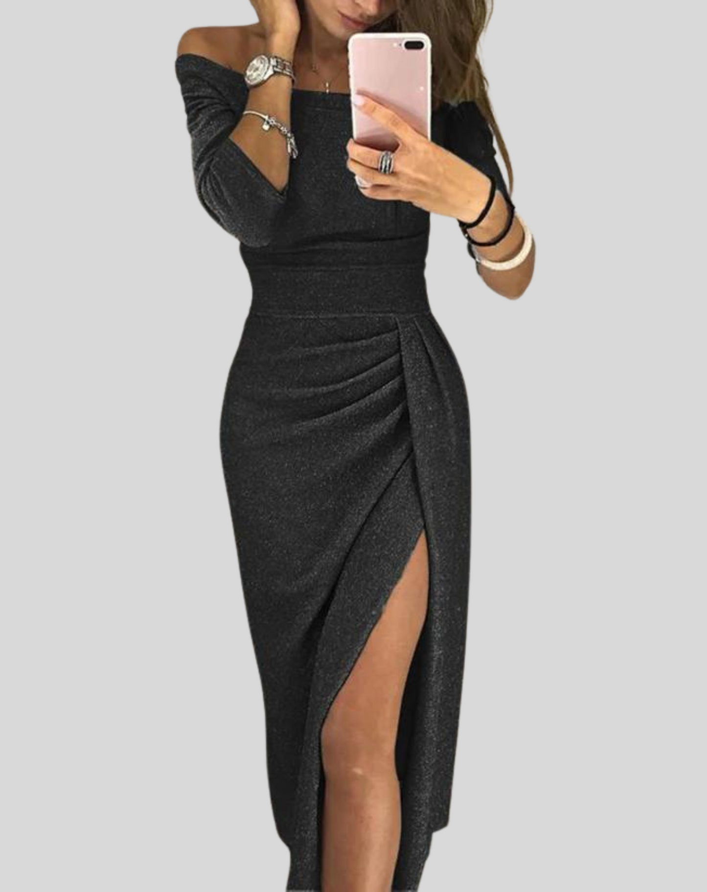Elegante vestido largo con hombros descubiertos y abertura para mujer | Ideal para primavera/verano