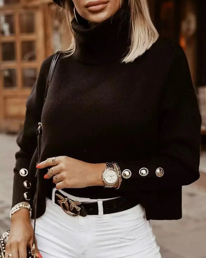 Elegante jersey de cachemira de cuello alto con botones para mujer | Ideal para otoño/invierno