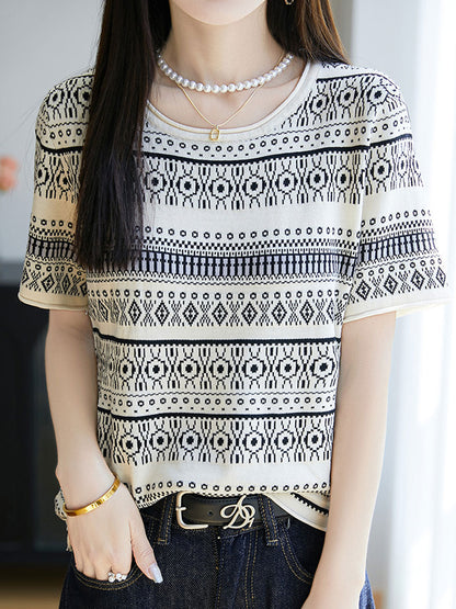 Kylie Retro Crew Neck Jacquard Knitted Top