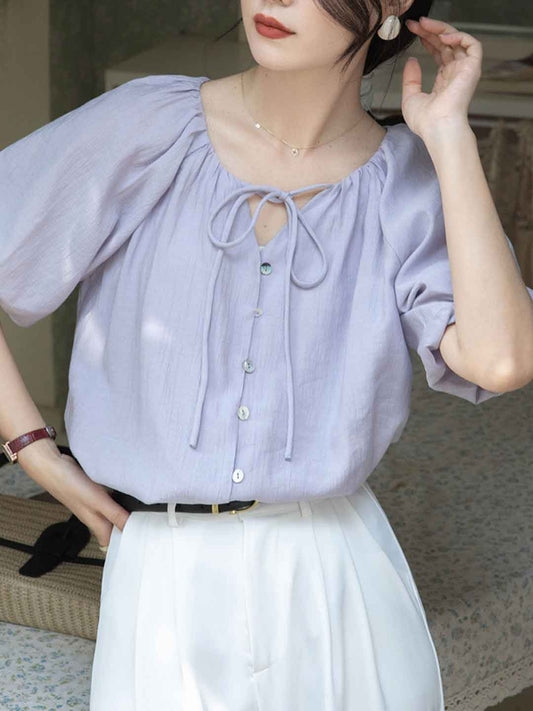 Valeria Classic V-Neck Puff Sleeve Solid Color Top