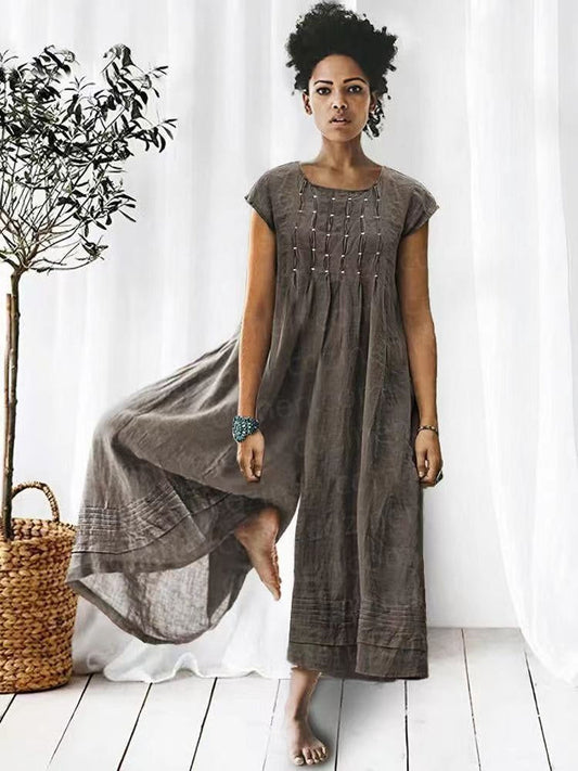 Women's Loose Wide-Leg Short Sleeve Linen One-Piece Jumpsuit with Pleated Sleeves | Ideal for Spring/Summer
