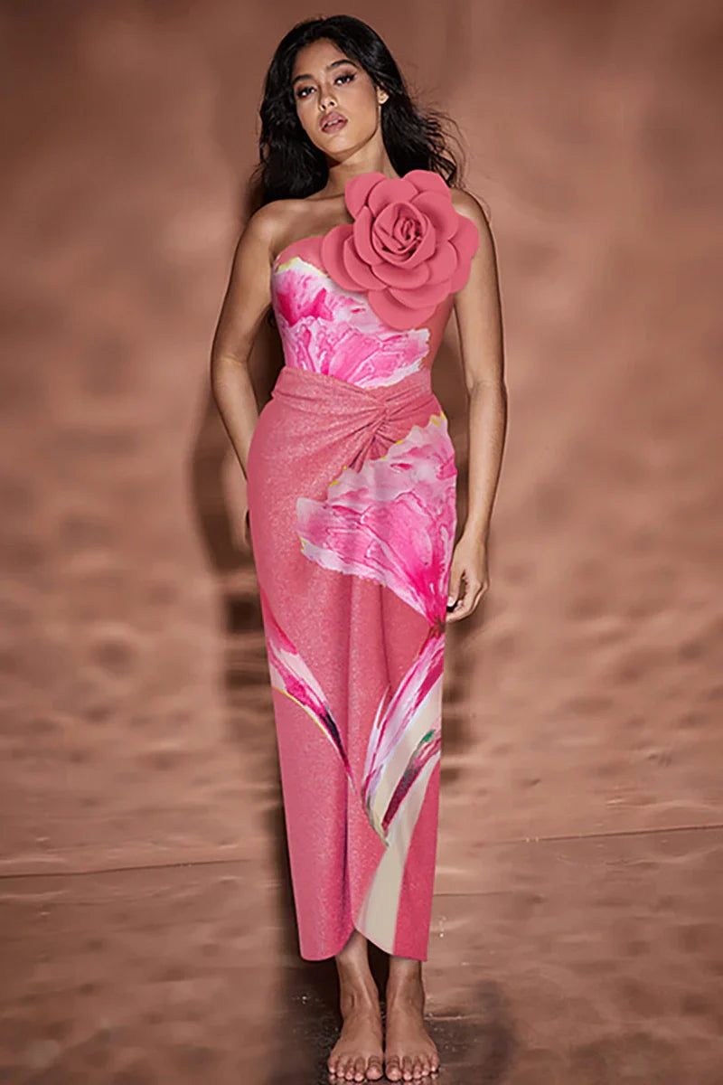 3D Floral Pink Print Swimsuit Set