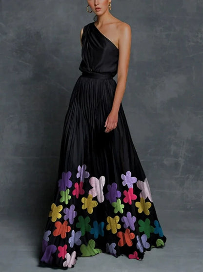Printed Loose-fit One-shoulder Long Dress