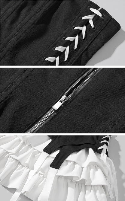 Corset Dress with Tiered Pleated Hem and Side Lace-Up Detail