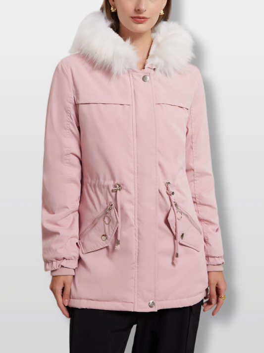 With Fur Collar Fleece Lined Hooded For Warmth Drawstring Pocket Down Jacket