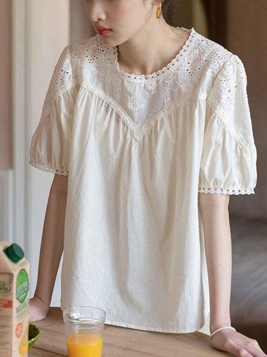 Khloe Vintage Crew Neck Embroidered Solid Color Top