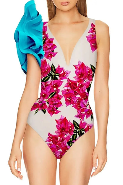 Conjunto de traje de baño de una pieza con volantes florales