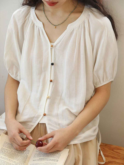 Paige Loose V-Neck Puff Sleeve Colorful Buttons Top