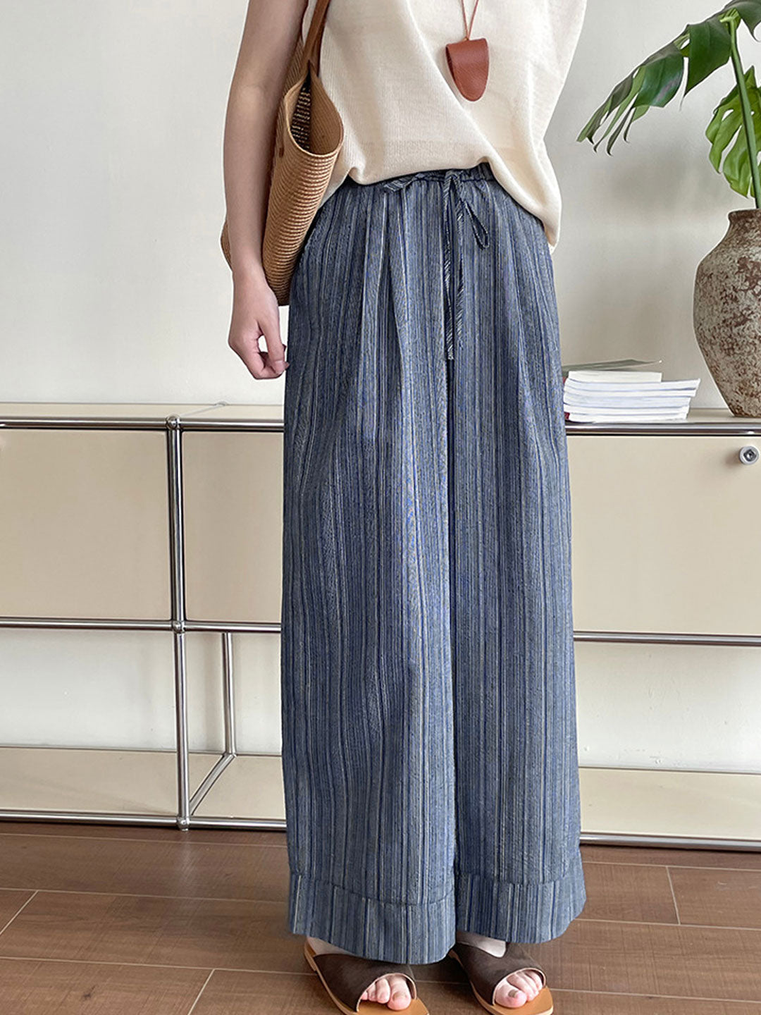 Kaitlyn Loose Striped Drawstring Wide Pants