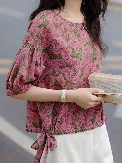 Madison Loose Crew Neck Latern Sleeve Drawstring Top