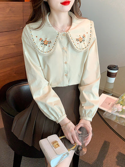 Mia French French Embroidery Doll Collar Shirt