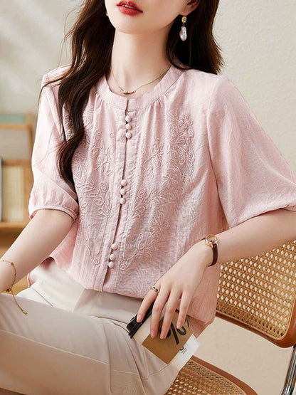 Maria Loose Crew Neck Solid Color Embroidered Top