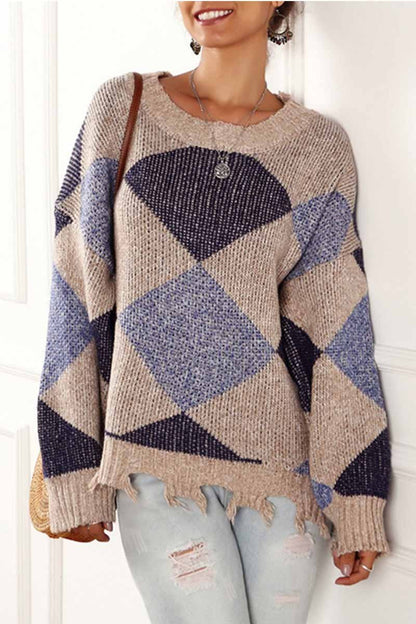 Irregular Print Round Neck Sweater
