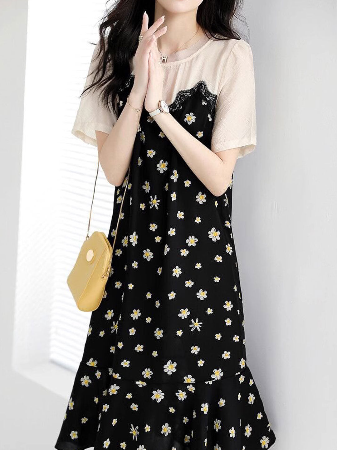 Maria Chic Crew Neck Ruffled Floral Chiffon Dress