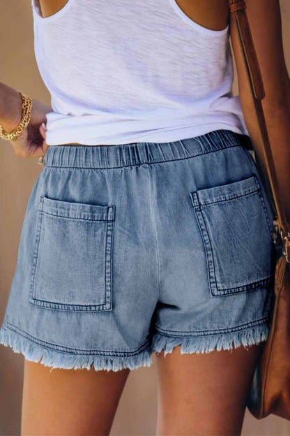 Lace-up Fringed Thin Denim Shorts