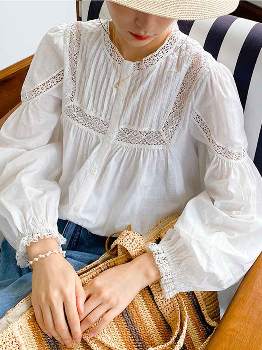 Layla Vintage Crew Neck Balloon Sleeve Hollowed Top