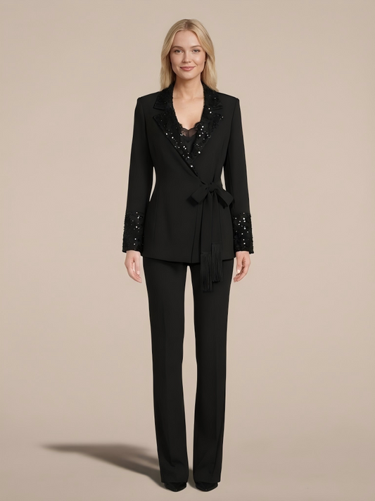 Black V-neck Sequins Lace Up Solid Color Two-piece Suit