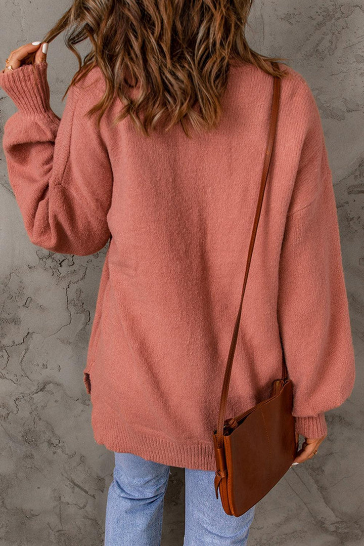 Jersey de punto rosa extragrande con cuello redondo y bolsillo para mujer | Ideal para otoño/invierno