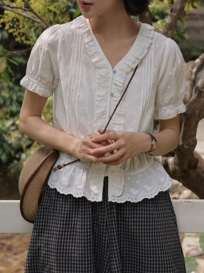Molly Retro V-Neck Embroidered Blouse