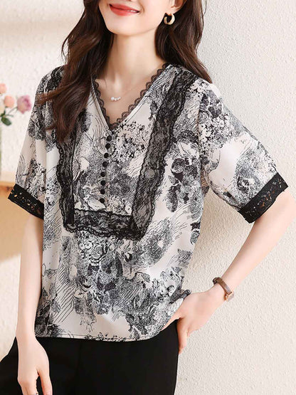 Kaitlyn Classic V-Neck Printed Chiffon Top