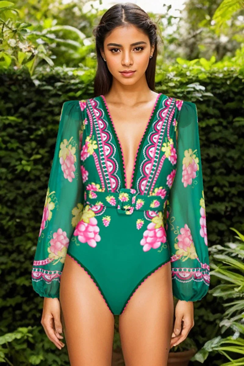 Conjunto de traje de baño de manga larga con estampado retro de escote en V profundo