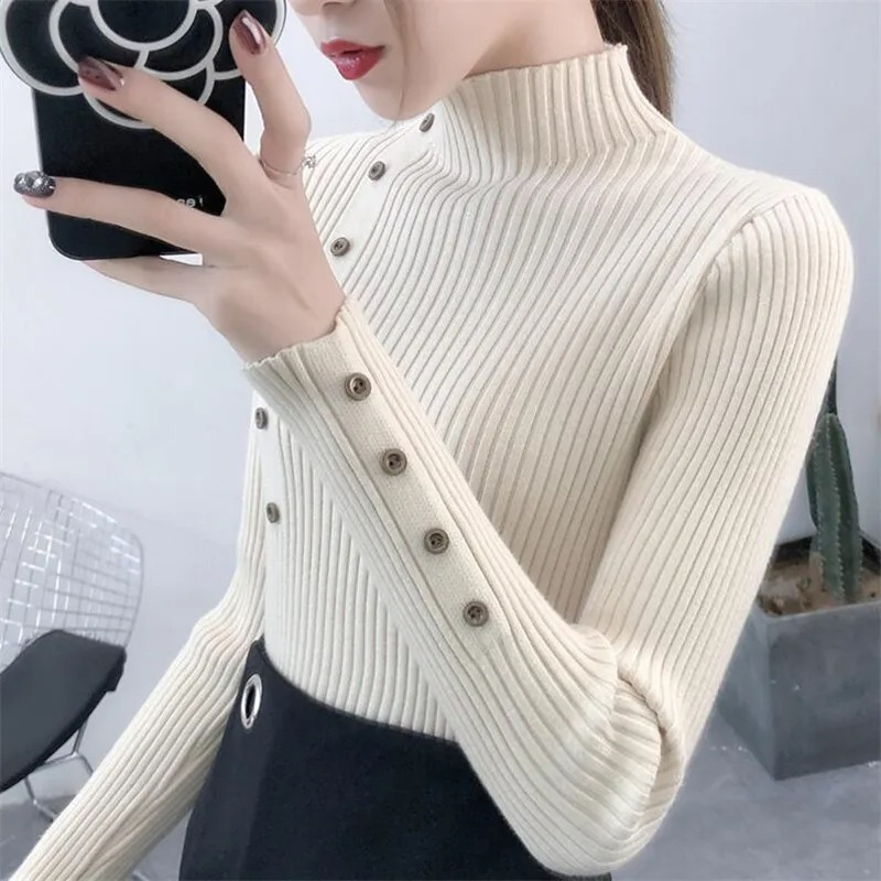 Jersey de cuello alto ajustado de punto elástico para mujer con botones | Ideal para otoño/invierno