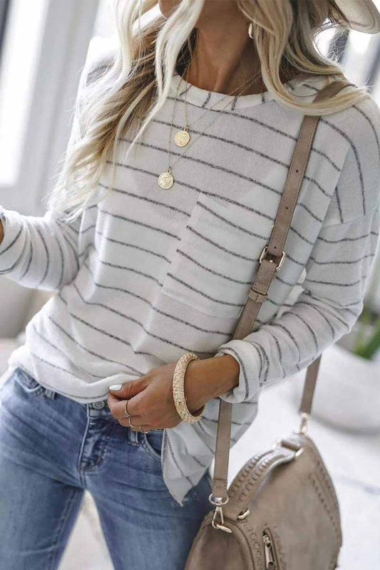 Striped Long Sleeve Top With Pocket