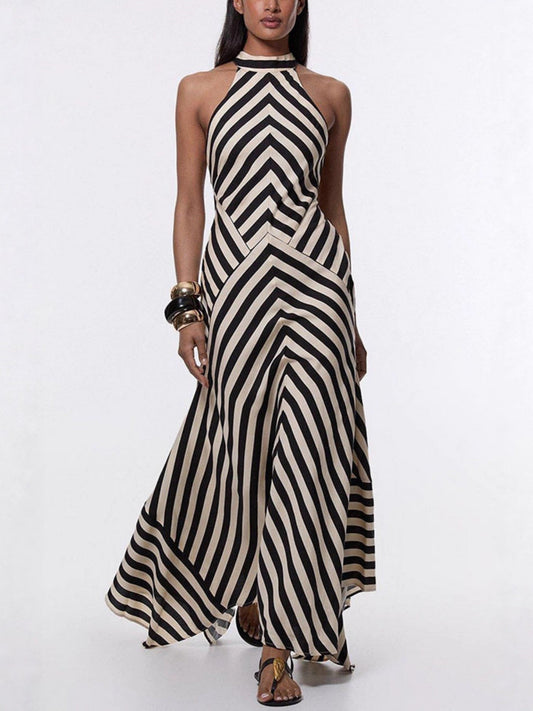 Striped Color Blocking Halter Neck And Backless Maxi Dresses