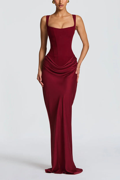 Larrah Square Neck Back Lace-up Satin Drape Hem Maxi Dress