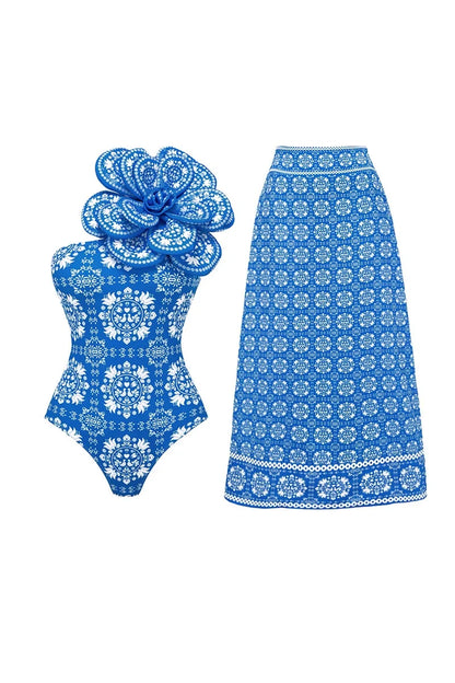 3D Floral Decor Ethnic Print Swimsuit