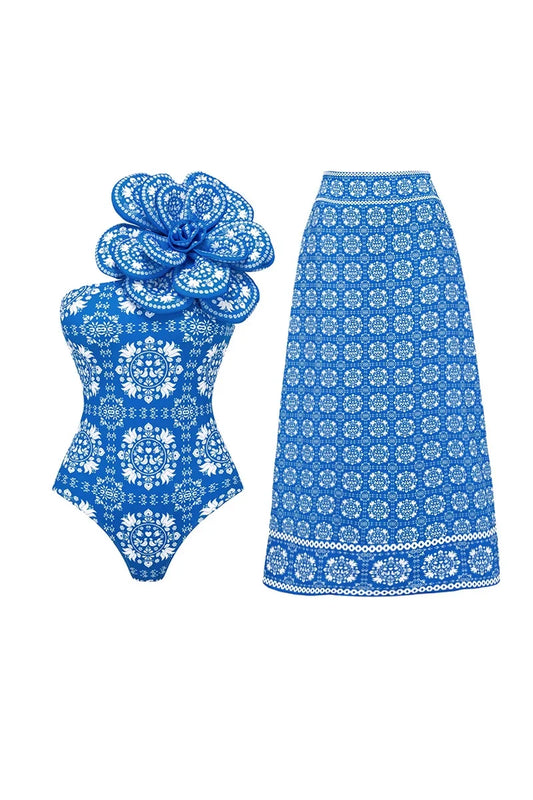 3D Floral Decor Ethnic Print Swimsuit
