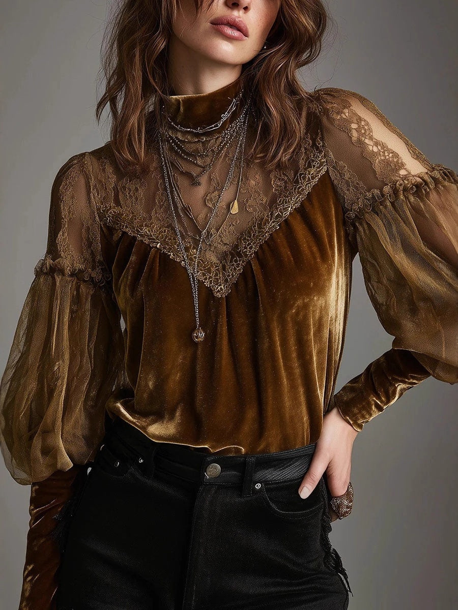 Lace Splicing Velvet Half Turtleneck T-shirts
