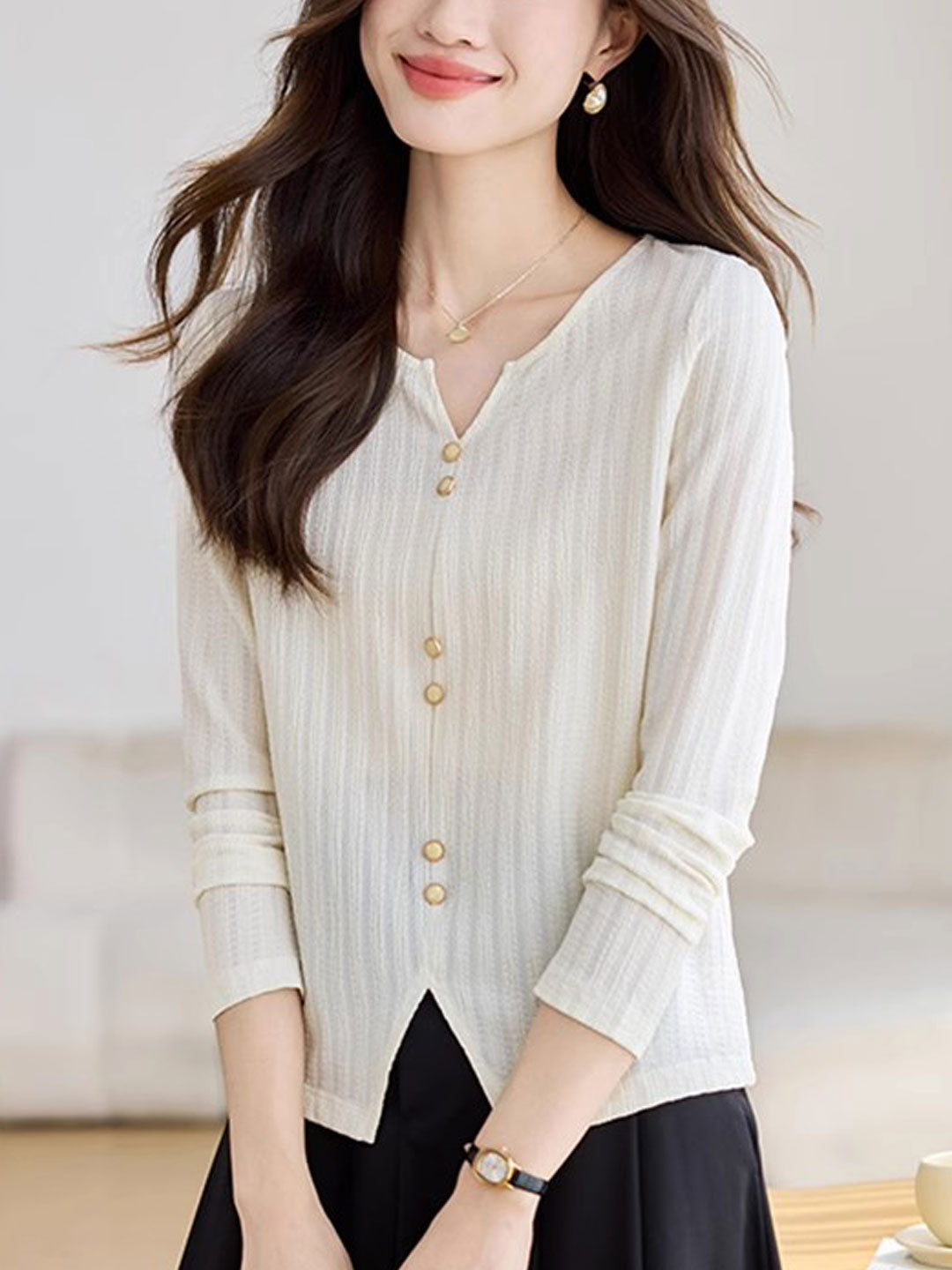 Mariah Elegant Crew Neck Textured Button Top