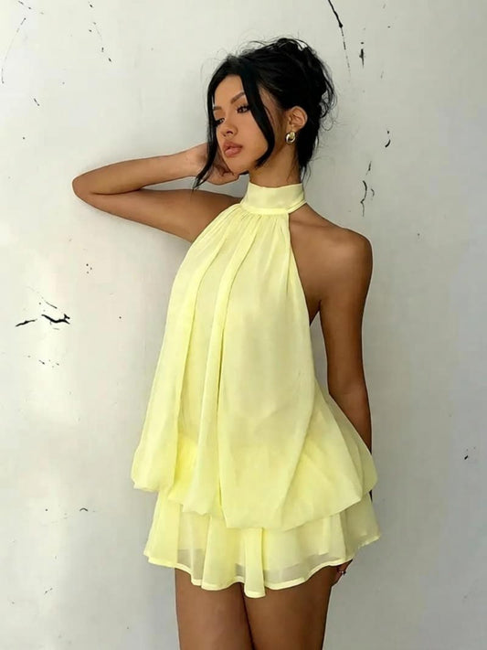 Chiffon Ruffle Halter Neck And Backless Mini&Short Dresses