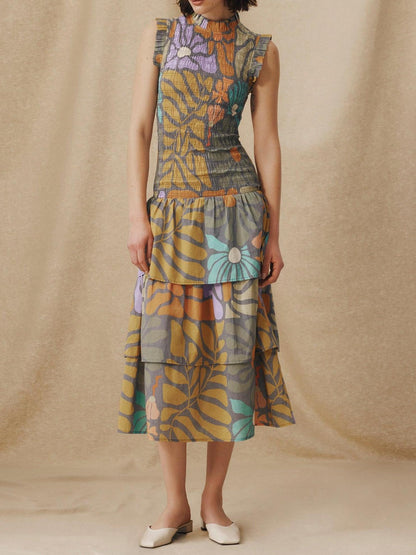 Multicolor Botanical Print Midi Dress