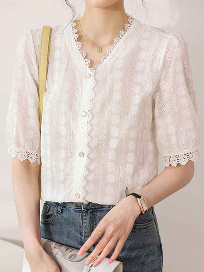 Molly Slim V-Neck Solid Color Lace Top