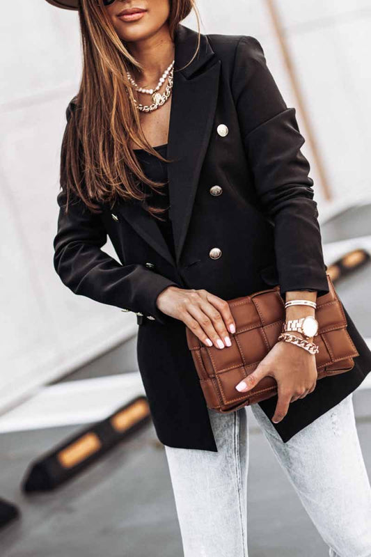 Solid Color Long-Sleeved Double-Breasted Blazer (4 colors)