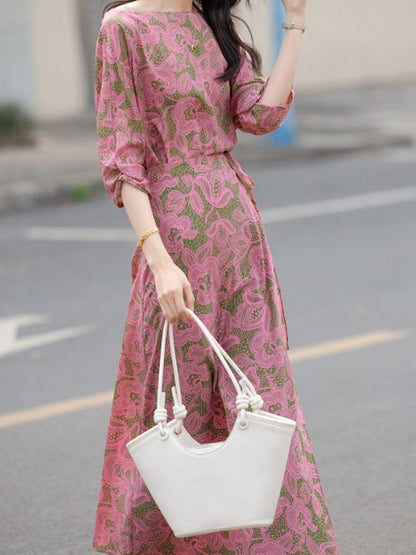 Mya Elegant Crew Neck Printed Tie Dress