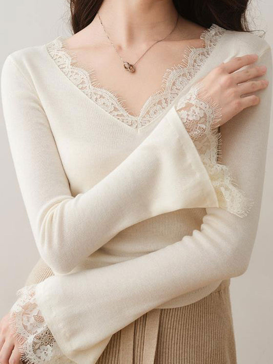 Maria Retro V-Neck Flared Sleeve Lace Knitted Top