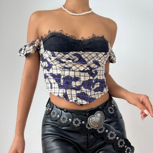 Off shoulder plaid print lace hem top  | Festival Outfits Women