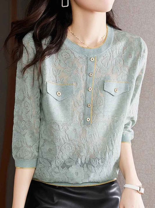 Riley Loose Crew Neck Hollowed Solid Color Knitted Top