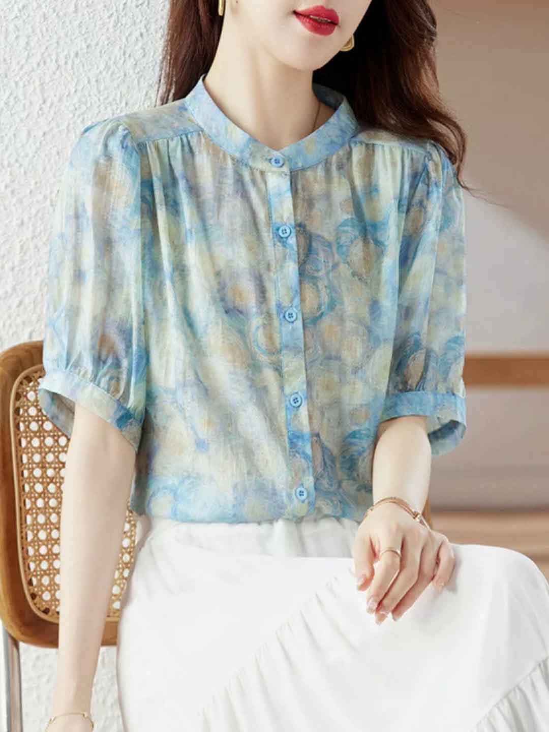 Zoe Vacation Crew Neck Lantern Sleeve Printed Top