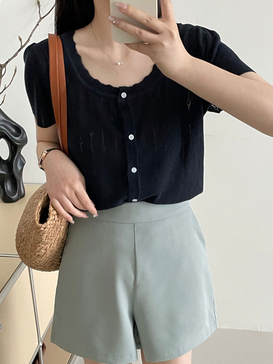 Madison Vacation Crew Neck Hollowed Jacquard Knitted Top