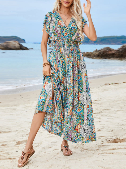 Rayon V-neck Backless Printed Ruffle Short Sleeve Slit Vacation And Leisure Maxi Dresses