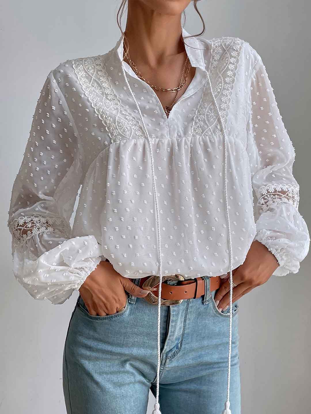 Maya Loose V-neck Polka Dot Chiffon Lace Blouse