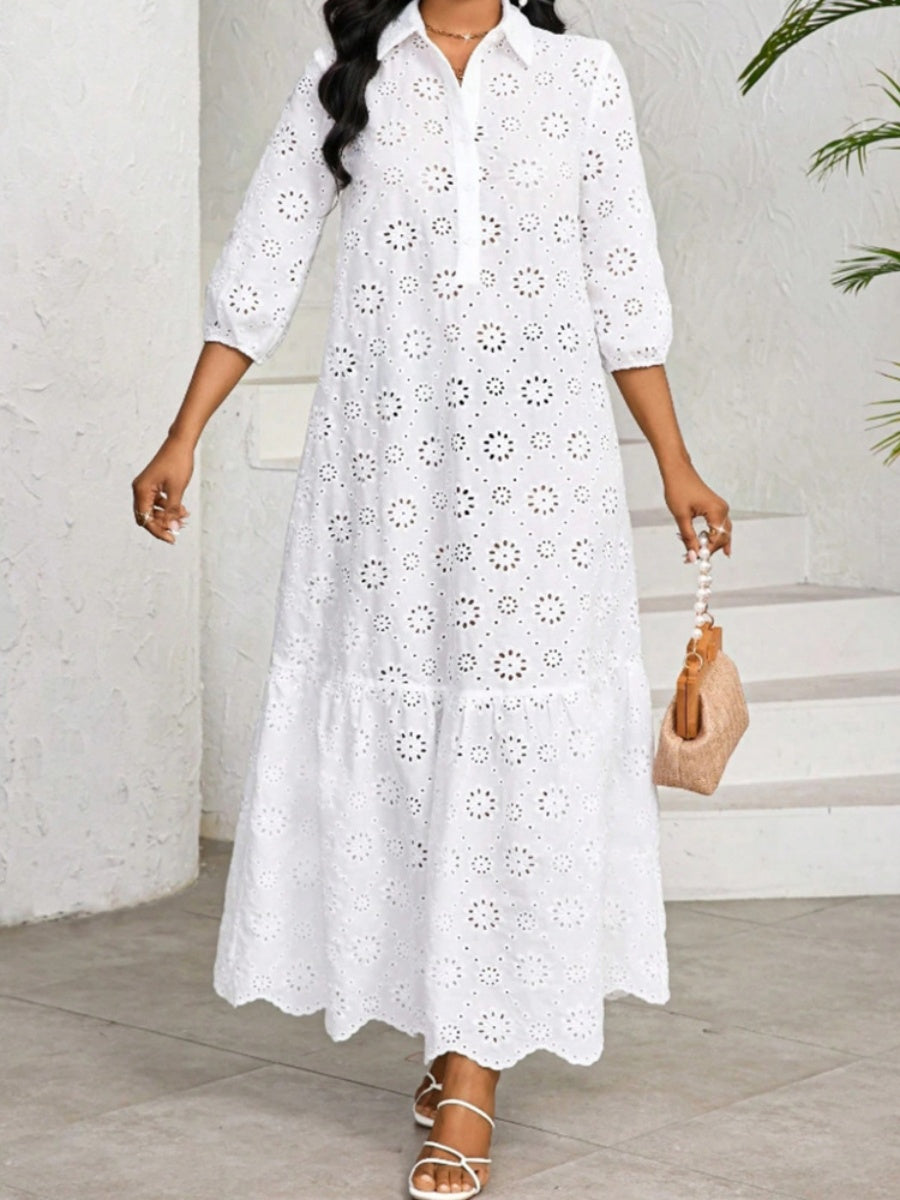 Three-quarter Sleeve Loose Shirt Collar Hollowed-out Lace Long Dress