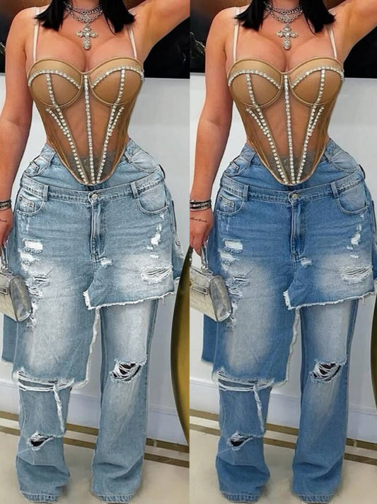 Splicing Hole Distressed Loose-fit Jeans
