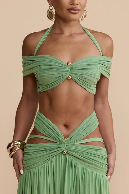 Green Off Shoulder Halter Ruched Two Piece Maxi Skirt Set Sexy Cut Out Resort Dress