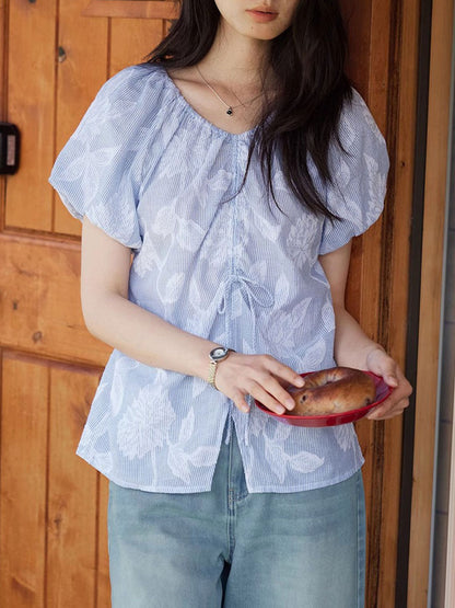 Katelyn Retro V-Neck Puff Sleeve Striped Top